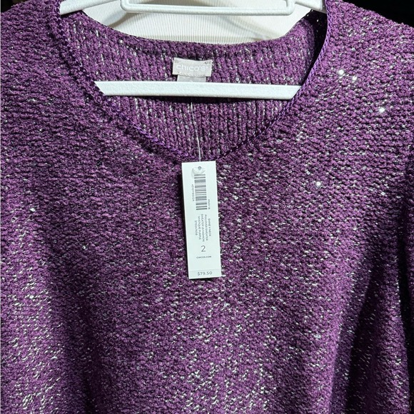 Chicos Shine V-Neck Pullover Sweater Mystique Purple Metallic Size 2 L NEW - Picture 4 of 6